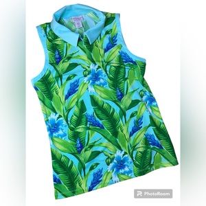 Tommy Bahama Golf Tennis Top Sleeveless Blue & Green Tropical Sz Medium